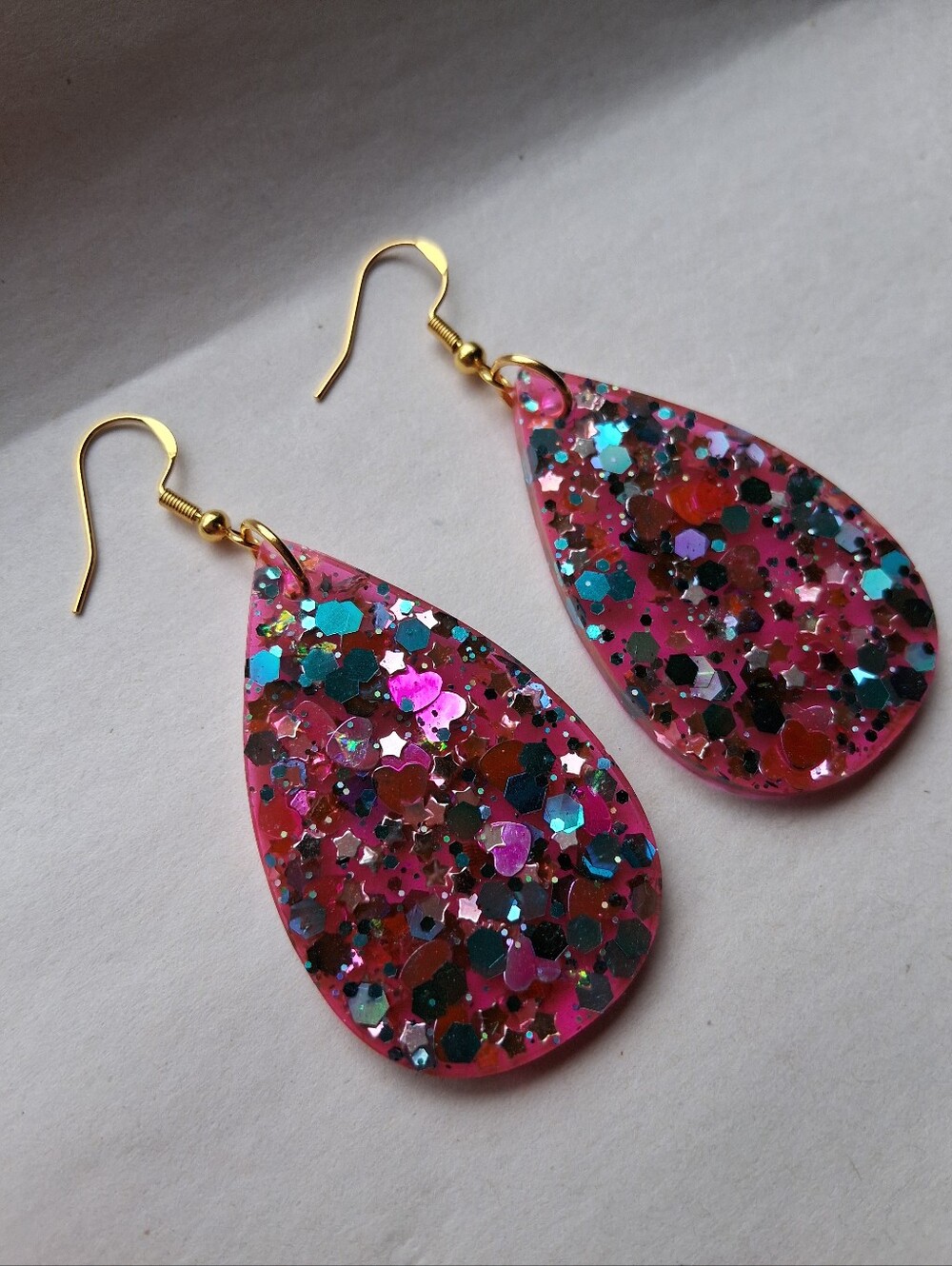 Hand Crafted Pink Teardrop Glitter Earrings with Multicolor Sparkle - Picture 2 of 4